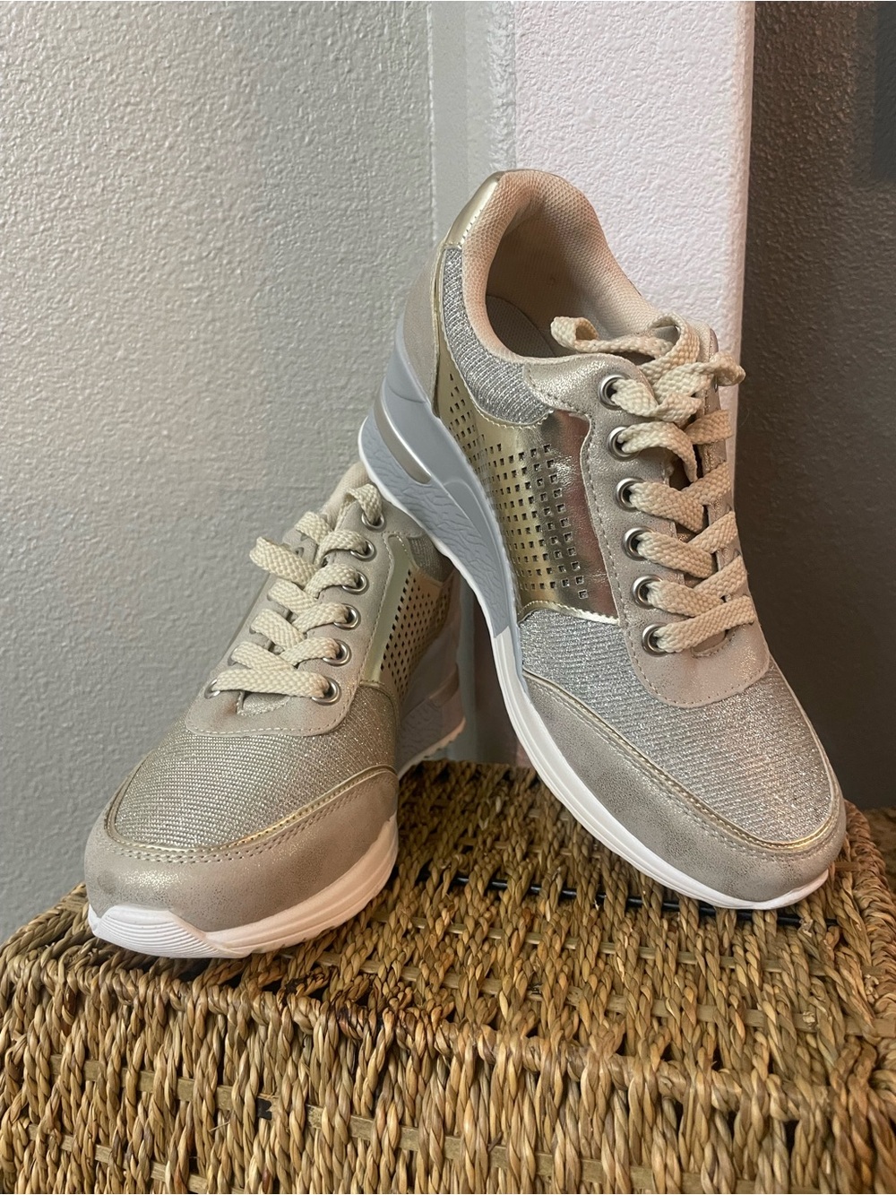 Cestfini Gold Metallic Sparkle Hidden Wedge Sneakers - Size 6